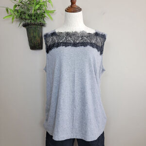 CAbi #3815 Lacey Jersey Knit T Shirt Black Lace Sleeveless Tee Tank Top Gray XL